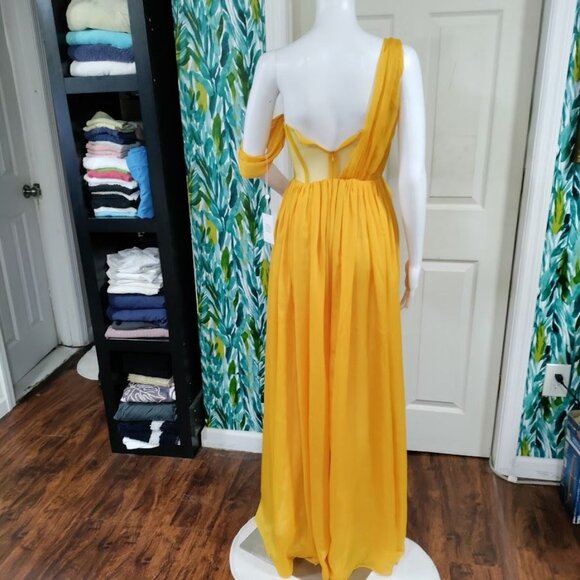 Miss Circle Back In Style Silk Pleated Corset Slit Maxi Dress Yellow XXS NWT - Picture 9 of 15
